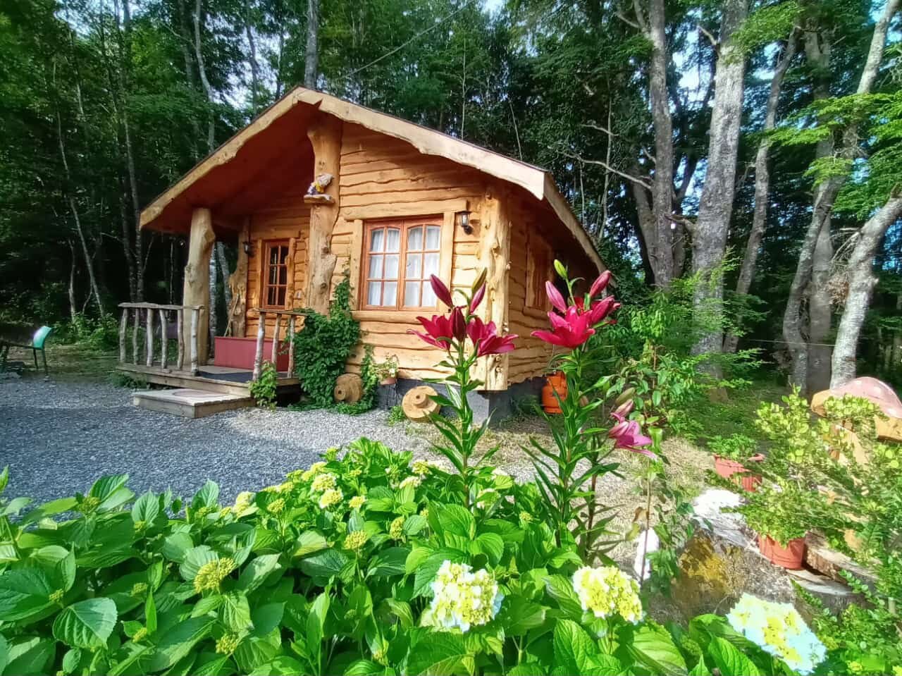 Cabaña en el bosque, entre flores